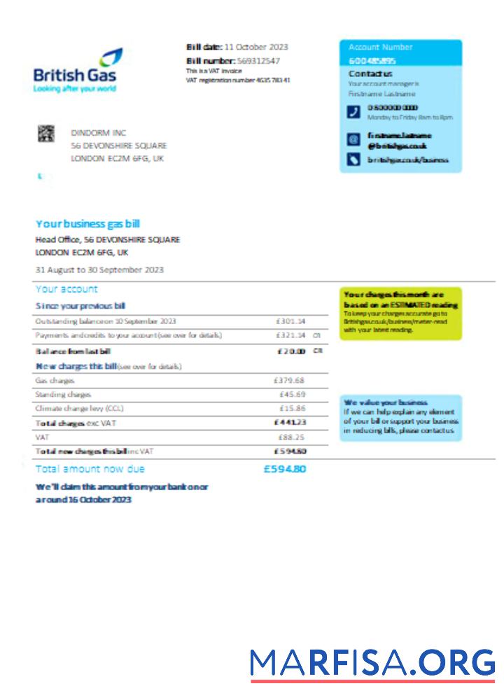 Blank British gas utility business bill, SCR sample